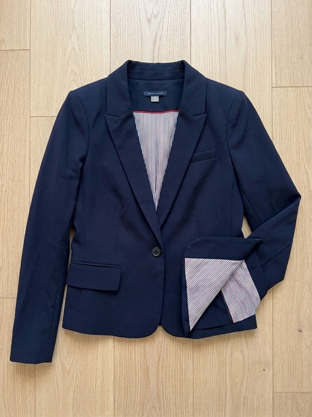 Tommy Hilfiger Navy Blue One-Button Tailored Blazer, Striped Lining - Size 8